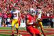 Oct. 27, 2012; Tucson, AZ, USA; Arizona Wildcats wide receiver Johnny Jackson (30) scores and 8 yard touchdown as USC Trojans safety Jawanza Starling (29) and safety T.J. McDonald (7) look on during the first half at Arizona Stadium. Mandatory Credit: Matt Kartozian-US PRESSWIRE