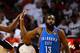 MIAMI, FL - JUNE 21: (L-R) Kevin Durant #35 and James Harden #13 of the Oklahoma City Thunder react after a play against the Miami Heat in the first half of Game Five of the 2012 NBA Finals on June 21, 2012 at American Airlines Arena in Miami, Florida. NOTE TO USER: User expressly acknowledges and agrees that, by downloading and or using this photograph, User is consenting to the terms and conditions of the Getty Images License Agreement. (Photo by Ronald Martinez/Getty Images)