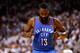 MIAMI, FL - JUNE 17: James Harden #13 of the Oklahoma City Thunder stands on court with his head down in the second half against the Miami Heat in Game Three of the 2012 NBA Finals on June 17, 2012 at American Airlines Arena in Miami, Florida. NOTE TO USER: User expressly acknowledges and agrees that, by downloading and or using this photograph, User is consenting to the terms and conditions of the Getty Images License Agreement. (Photo by Mike Ehrmann/Getty Images)