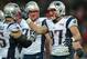 Oct 28,2012; London, UNITED KINGDOM; New England Patriots tight end Rob Gronkowski (87) celebrates with guard Nick McDonald (65) after scoring on a 7-yard touchdown pass in the second quarter against the St. Louis Rams in the 2012 NFL International Series game at Wembley Stadium. Mandatory Credit: Kirby Lee/Image of Sport-US PRESSWIRE