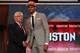 NEWARK, NJ - JUNE 28: Jeremy Lamb (R) of the Connecticut Huskies greets NBA Commissioner David Stern (L) after he was selected number twelve overall by the Houston Rockets during the first round of the 2012 NBA Draft at Prudential Center on June 28, 2012 in Newark, New Jersey. NOTE TO USER: User expressly acknowledges and agrees that, by downloading and/or using this Photograph, user is consenting to the terms and conditions of the Getty Images License Agreement. (Photo by Elsa/Getty Images)