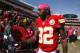 KANSAS CITY, MO - OCTOBER 07: Dwayne Bowe #82 and Jerrell Powe #95 of the Kansas City Chiefs prepare to take the field against the Baltimore Ravens on October 07, 2012 at Arrowhead Stadium in Kansas City, Missouri. (Photo by Kyle Rivas/Getty Images)