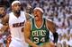 June 5, 2012; Miami, FL, USA; Boston Celtics forward Paul Pierce (34) drives to the basket as Miami Heat small forward LeBron James (6) defends during the first half in game five of the Eastern Conference finals of the 2012 NBA playoffs at American Airlines Arena. Mandatory Credit: Steve Mitchell-US PRESSWIRE