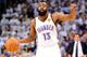 OKLAHOMA CITY, OK - JUNE 14: James Harden #13 of the Oklahoma City Thunder calls out in the first half with the ball against the Miami Heat in Game Two of the 2012 NBA Finals at Chesapeake Energy Arena on June 14, 2012 in Oklahoma City, Oklahoma. NOTE TO USER: User expressly acknowledges and agrees that, by downloading and or using this photograph, User is consenting to the terms and conditions of the Getty Images License Agreement. (Photo by Ronald Martinez/Getty Images)