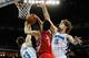 NEW ORLEANS, LA - OCTOBER 24: Jeremy Lin #7 of the Houston Rockets attempts a shot over Robin Lopez #15 of the New Orleans Hornets at New Orleans Arena on October 24, 2012 in New Orleans, Louisiana. NOTE TO USER: User expressly acknowledges and agrees that, by downloading and or using this photograph, User is consenting to the terms and conditions of the Getty Images License Agreement. (Photo by Chris Graythen/Getty Images)