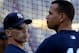 NEW YORK - OCTOBER 13: Manager Joe Girardi #28 of the New York Yankees talks with Alex Rodriguez #13 during a workout session at Yankee Stadium on October 13, 2010 in the Bronx borough of New York City. (Photo by Nick Laham/Getty Images)