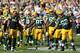 GREEN BAY, WI - SEPTEMBER 30: Wide receiver Greg Jennings #85 of the Green Bay Packers is greeted by his teammates during player introductions prior to the start of the game against the New Orleans Saints at Lambeau Field on September 30, 2012 in Green Bay, Wisconsin. (Photo by Jeff Gross/Getty Images)