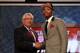 NEWARK, NJ - JUNE 28: Damian Lillard (R) of Weber State greets NBA Commissioner David Stern (L) after he was selected number six overall by the Portland Trail Blazers during the first round of the 2012 NBA Draft at Prudential Center on June 28, 2012 in Newark, New Jersey. NOTE TO USER: User expressly acknowledges and agrees that, by downloading and/or using this Photograph, user is consenting to the terms and conditions of the Getty Images License Agreement. (Photo by Elsa/Getty Images)