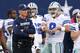 Oct 28, 2012; Arlington, TX, USA; Dallas Cowboys quarterback Tony Romo (9) talks to head coach Jason Garrett (9) after throwing an interception in the second quarter against the New York Giants at Cowboys Stadium. Mandatory Credit: Matthew Emmons-US PRESSWIRE