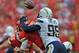 KANSAS CITY, MO - SEPTEMBER 30: Linebacker Shaun Phillips #95 of the San Diego Chargers hits quarterback Matt Cassel #7 of the Kansas City Chiefs causing a fumble during the second quarter on September 30, 2012 at Arrowhead Stadium in Kansas City, Missouri. (Photo by Peter Aiken/Getty Images)