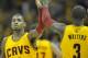 Oct 30, 2012; Cleveland, OH, USA; Cleveland Cavaliers point guard Kyrie Irving (left) and shooting guard Dion Waiters (3) celebrate in the fourth quarter against the Washington Wizards at Quicken Loans Arena. Mandatory Credit: David Richard-US PRESSWIRE