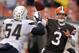 Oct 28, 2012; Cleveland, OH, USA; Cleveland Browns quarterback Brandon Weeden (3) throws a pass under pressure from San Diego Chargers linebacker Melvin Ingram (54) during the fourth quarter at Cleveland Browns Stadium. Mandatory Credit: Ron Schwane-US PRESSWIRE