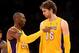 LOS ANGELES, CA - OCTOBER 21: Kobe Bryant #24 and Pau Gasol #16 of the Los Angeles Lakers confer during the game with the Sacramento Kings at Staples Center on October 21, 2012 in Los Angeles, California. The Kings won 99-92. NOTE TO USER: User expressly acknowledges and agrees that, by downloading and or using this photograph, User is consenting to the terms and conditions of the Getty Images License Agreement. (Photo by Stephen Dunn/Getty Images)
