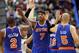 Oct 13, 2012; Hartford, CT, USA; New York Knicks forward Carmelo Anthony (7), guard Raymond Felton (2) and guard Jason Kidd (5) celebrate during the second half of a game against the Boston Celtics at XL Center. Mandatory Credit: Mark L. Baer-US PRESSWIRE
