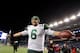 FOXBORO, MA - JANUARY 16: Mark Sanchez #6 of the New York Jets celebrates after the Jets defeated the Patriots 28 to 21 in their 2011 AFC divisional playoff game at Gillette Stadium on January 16, 2011 in Foxboro, Massachusetts. (Photo by Al Bello/Getty Images)