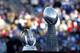 EAST RUTHERFORD, NJ - FEBRUARY 07: The George Halas Trophy for the NFC Championship and the Vince Lombardi Trophy are displayed at a rally to celebrate the New York Giants' Super Bowl victory at MetLife Stadium on February 7, 2012 in East Rutherford, New Jersey. The Giants defeated the New England Patriots 21-17 in Super Bowl XLVI at Lucas Oil Stadium on February 5, 2012 in Indianapolis, Indiana. (Photo by Jeff Zelevansky/Getty Images)