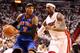 MIAMI, FL - MAY 09: Forward LeBron James #6 of the Miami Heat defends Forward Carmelo Anthony#7 of the New York Knicks in Game Five of the Eastern Conference Quarterfinals in the 2012 NBA Playoffs on May 9, 2012 at the American Airines Arena in Miami, Florida. NOTE TO USER: User expressly acknowledges and agrees that, by downloading and or using this photograph, User is consenting to the terms and conditions of the Getty Images License Agreement. (Photo by Marc Serota/Getty Images)