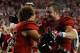 Sep 29, 2012; Lincoln, NE, USA; Nebraska Cornhuskers players Kyler Reed (25) and Ben Cotton (81) celebrate the victory over the Wisconsin Badgers at Memorial Stadium. Nebraska won 30-27. Mandatory Credit: Bruce Thorson-US PRESSWIRE