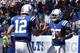 INDIANAPOLIS, IN - SEPTEMBER 16: Reggie Wayne #87 of the Indianapolis Colts celebrates after a 30-yard touchdown reception from Andrew Luck #12 against the Minnesota Vikings during the first half of the game at Lucas Oil Stadium on September 16, 2012 in Indianapolis, Indiana. (Photo by Joe Robbins/Getty Images)