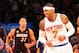 Nov 2, 2012; New York, NY, USA; New York Knicks small forward Carmelo Anthony (7) reacts to scoring during the first quarter against the Miami Heat at Madison Square Garden. Mandatory Credit: Anthony Gruppuso-US PRESSWIRE