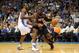 Nov 2, 2012; Oklahoma City, OK, USA; Portland Trail Blazers cente J.J. Hickson (21) handles the ball against Oklahoma City Thunder forward Serge Ibaka (9) during the first half at Chesapeake Energy Arena. Mandatory Credit: Mark D. Smith-US PRESSWIRE