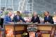 Sep 1, 2012; Arlington, TX, USA; Dallas Cowboys owner Jerry Jones (far left) on the set of ESPN College Gameday with Chris Fowler (second to left) and Lee Corso (second to right) and Kirk Herbstreit (far right) before the game between the Alabama Crimson Tide and the Michigan Wolverines at Cowboys Stadium. Mandatory Credit: Kevin Jairaj-US PRESSWIRE