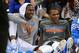 Oct 16, 2012; Oklahoma City, OK, USA; Oklahoma City Thunder forward Kevin Durant (35) and Thunder guard Russell Westbrook (0) react to a play late in the second half at Chesapeake Energy Arena. Mandatory Credit: Mark D. Smith-US PRESSWIRE