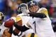 EAST RUTHERFORD, NJ - NOVEMBER 04: Quarterback Ben Roethlisberger #7 of the Pittsburgh Steelers makes a pass during pre game warm ups before the start of their NFL game against the New York Giants at MetLife Stadium on November 4, 2012 in East Rutherford, New Jersey. (Photo by Rich Schultz /Getty Images)