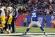 November 4, 2012; East Rutherford, NJ, USA; New York Giants running back Andre Brown (35) celebrates a touchdown during the second quarter of an NFL game against the Pittsburgh Steelers at MetLife Stadium. Mandatory Credit: Brad Penner-US PRESSWIRE