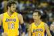 FRESNO, CA - OCTOBER 07: Pau Gasol #16 and Steve Nash #10 of the Los Angeles Lakers talk as they walk to the bench during the game with the Golden State Warriors at Save Mart Center At Fresno State on October 7, 2012 in Fresno, California. The Warriors won 110-83. NOTE TO USER: User expressly acknowledges and agrees that, by downloading and or using this photograph, User is consenting to the terms and conditions of the Getty Images License Agreement. (Photo by Stephen Dunn/Getty Images)