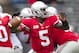 April 21, 2012; Columbus, OH, USA; Ohio State Buckeyes quarterback Braxton Miller (5) throws a pass during the spring game at Ohio Stadium. Mandatory Credit: Greg Bartram-US PRESSWIRE