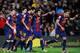 Jordi Alba celebrates his ill-begotten goal in Saturday's match against Celta Vigo