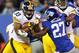 EAST RUTHERFORD, NJ - NOVEMBER 04: Running back Isaac Redman #33of the Pittsburgh Steelers runs into the arms of Stevie Brown #27 of the New York Giants in the first half during an NFL game at MetLife Stadium on November 4, 2012 in East Rutherford, New Jersey. (Photo by Rich Schultz /Getty Images)