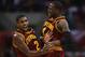 LOS ANGELES, CA - NOVEMBER 05: Kyrie Irving (L)#2 and Dion Waiters #3 of the Cleveland Cavaliers celebrate Irving's three point shot in the closing seconds of the fourth quarter against the Los Angeles Clippers at Staples Center on November 5, 2012 in Los Angeles, California. The Cavaliers defeated the Clippers 108-101. NOTE TO USER: User expressly acknowledges and agrees that, by downloading and or using this photograph, User is consenting to the terms and conditions of the Getty Images License Agreement. (Photo by Jeff Gross/Getty Images)
