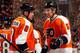 PHILADELPHIA, PA - MARCH 31: Nicklas Grossmann #8 and Braydon Coburn #5 of the Philadelphia Flyers talk during the first period against the Ottawa Senators at Wells Fargo Center on March 31, 2012 in Philadelphia, Pennsylvania. (Photo by Rob Carr/Getty Images)