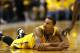 INDIANAPOLIS, IN - NOVEMBER 03: George Hill #3 of the Indiana Pacers reacts after being fouled bringing the ball up court against the Sacramento Kings during the game at Bankers Life Fieldhouse on November 3, 2012 in Indianapolis, Indiana. The Pacers won 106-98 in double overtime. NOTE TO USER: User expressly acknowledges and agrees that, by downloading and or using this Photograph, user is consenting to the terms and condition of the Getty Images License Agreement. (Photo by Joe Robbins/Getty Images)