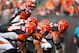 Oct 14, 2012; Cleveland, OH, USA; Cincinnati Bengals quarterback Andy Dalton (14) shouts out a cadence behind center Jeff Faine (62) and the rest of his offensive line during the second quarter against the Cleveland Browns at Cleveland Browns Stadium. Browns beat the Bengals 34-24. Mandatory Credit: Raj Mehta-US PRESSWIRE