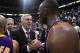 SALT LAKE CITY - MAY 10: Kobe Bryant #24 of the Los Angeles Lakers talks with head coach Jerry Sloan of the Utah Jazz after Game Four of the Western Conference Semifinals of the 2010 NBA Playoffs on May 10, 2010 at Energy Solutions Arena in Salt Lake City, Utah. NOTE TO USER: User expressly acknowledges and agrees that, by downloading and or using this Photograph, user is consenting to the terms and conditions of the Getty Images License Agreement. (Photo by Jed Jacobsohn/Getty Images)