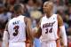 Nov. 3, 2012; Miami, FL, USA; Miami Heat shooting guard Dwyane Wade (left) talks with teammate shooting guard Ray Allen (right) during the first half against the Denver Nuggets at American Airlines Arena. The Heat won 119-116. Mandatory Credit: Steve Mitchell-US PRESSWIRE