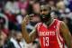 Nov 2, 2012; Atlanta, GA, USA; Houston Rockets shooting guard James Harden (13) reacts to a call in the second half against the Atlanta Hawks at Philips Arena. The Rockets won 109-102. Mandatory Credit: Daniel Shirey-US PRESSWIRE