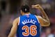 Nov 05, 2012; Philadelphia, PA, USA; New York Knicks forward Rasheed Wallace (36) celebrates scoring during the third quarter against the Philadelphia 76ers at the Wachovia Center. The Knicks defeated the Sixers 110-88. Mandatory Credit: Howard Smith-US PRESSWIRE
