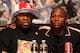 LAS VEGAS - MAY 05: (L-R) Rapper 50 Cent and Floyd Mayweather Jr. embrace during the post-fight news conference after Mayweather defeated Oscar De La Hoya by split decision after their WBC super welterweight championship fight at the MGM Grand Garden Arena May 5, 2007 in Las Vegas, Nevada. (Photo by Ethan Miller/Getty Images)