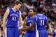 COLUMBUS, OH - MARCH 18: Rob Loe #51, Kwamain Mitchell #3 and Mike McCall Jr. #11 of the St. Louis Billikens react after a play in the first half against the Michigan State Spartans during the third round of the 2012 NCAA Men's basketball tournament at Nationwide Arena on March 18, 2012 in Columbus, Ohio. (Photo by Rob Carr/Getty Images)