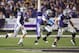 Nov 3, 2012; Manhattan, KS, USA; Kansas State Wildcats quarterback Collin Klein (7) follows the blocks of offensive linemen Cody Whitehair (55) and Cornelius Lucas (78) during first-half action against the Oklahoma State Cowboys at Bill Snyder Family Stadium. Mandatory Credit: Scott Sewell-US PRESSWIRE