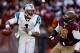 LANDOVER, MD - NOVEMBER 04: Quarterback Cam Newton #1 of the Carolina Panthers scrambles while being chased by nose tackle Barry Cofield #96 of the Washington Redskins during the second quarter at FedExField on November 4, 2012 in Landover, Maryland. (Photo by Rob Carr/Getty Images)