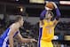 Oct 7, 2012; Fresno, CA, USA; Los Angeles Lakers forward Pau Gasol (16) attempts a shot over Golden State Warriors forward David Lee (10) in the second quarter at the Save Mart Center. Mandatory Credit: Cary Edmondson-US PRESSWIRE