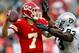 KANSAS CITY, MO - OCTOBER 28: Quarterback Matt Cassel #7 of the Kansas City Chiefs is hit by defensive tackle Tommy Kelly #93 of the Oakland Raiders during the game at Arrowhead Stadium on October 28, 2012 in Kansas City, Missouri. (Photo by Jamie Squire/Getty Images)