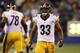 EAST RUTHERFORD, NJ - NOVEMBER 04: Isaac Redman #33 of the Pittsburgh Steelers runs the ball against New York Giants during their game at MetLife Stadium on November 4, 2012 in East Rutherford, New Jersey. (Photo by Jeff Zelevansky/Getty Images)