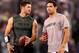 EAST RUTHERFORD, NJ - OCTOBER 08: (L-R) Tim Tebow #15 and Mark Sanchez #6 of the New York Jets talk during warm ups against the Houston Texans at MetLife Stadium on October 8, 2012 in East Rutherford, New Jersey. (Photo by Alex Trautwig/Getty Images)