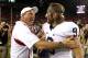 Nov 10, 2012; Lincoln, NE, USA; Nebraska Cornhuskers head coach Bo Pelini talks to Penn State Nittany Lions running back Michael Zordich (9) after defeating Penn State at Memorial Stadium. Nebraska won 32-23. Mandatory Credit: Bruce Thorson-US PRESSWIRE